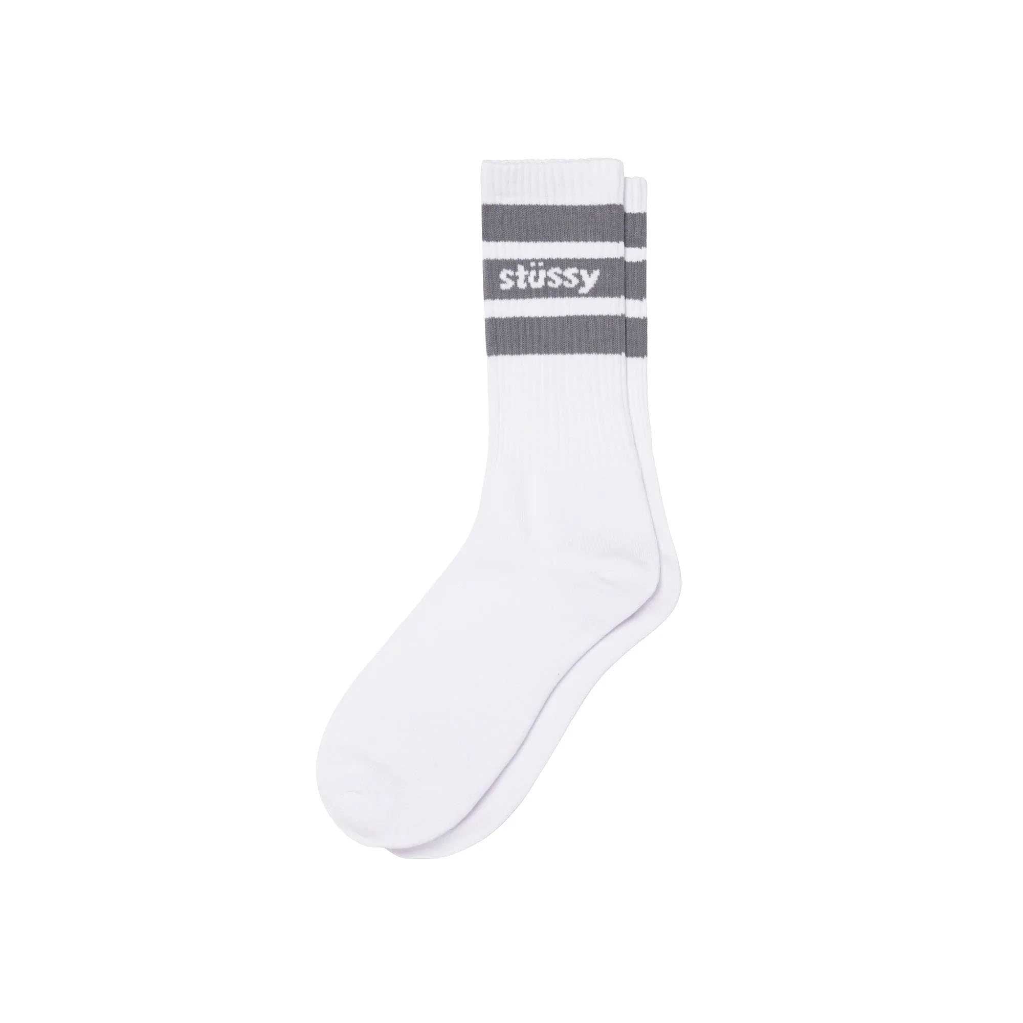 Stussy Stripe Crew Socks, white/grey — available at Norwood