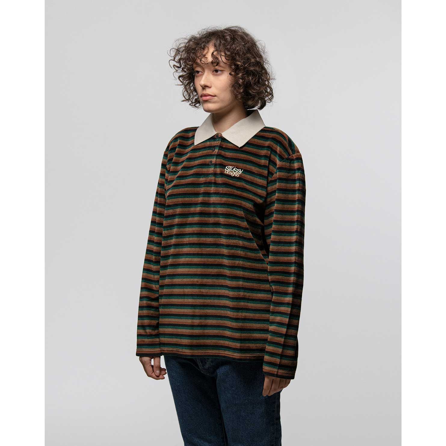 Stussy Womens Rosemary Velour Stripe L/S Polo — available at Norwood