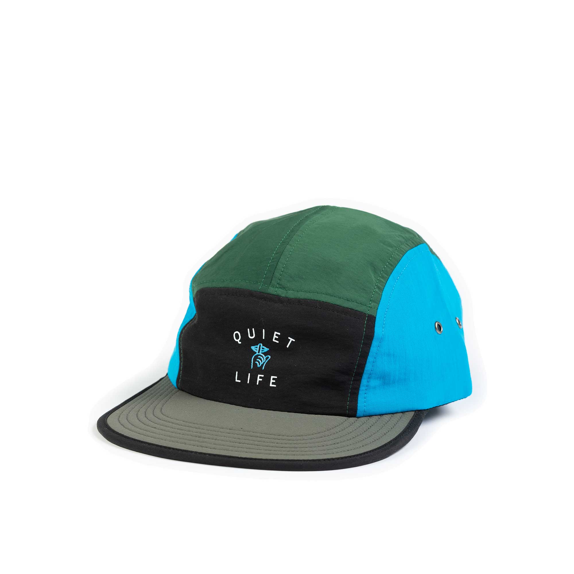 The Quiet Life Runner 5 Panel Camper Hat, Black/Grey/Green — available at Norwood